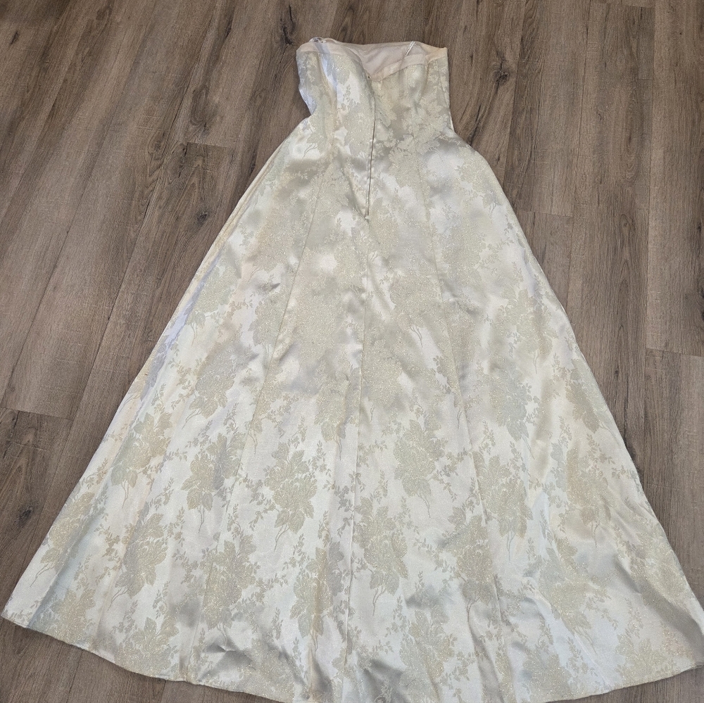 Vtg Ivory Brocade Masquerade  9/10 Wedding Formal Dress Strapless Corset Front - Picture 9 of 12